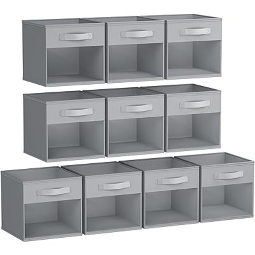 DIMJ Storage Cubes, Cube Storage Bin, 10 Pack Foldable Storage Cubes with Window, Closet Storage Bins with Handle, 11x 11 inch Storage Box for Clothes, Toys, Books (Grey)