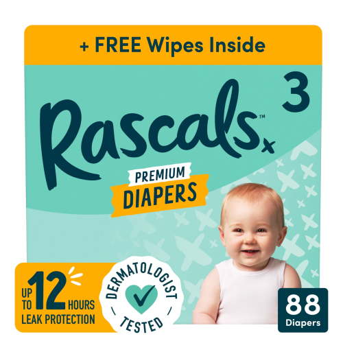 Rascals Premium Absorbent Baby Diapers Size 3, 88 Count, with 5 Sensitive Infant Wipes