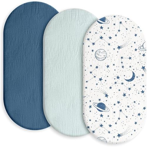 Gllquen Baby Muslin Bassinet Sheets 3 Pack, Breathable Elastic Cozy Fitted Cotton Bassinet Mattress Sheet for Baby Boy Girls, Fit for Hourglass Oval Rectangular Cradle Pad Sheets 33"x17" (Blue)