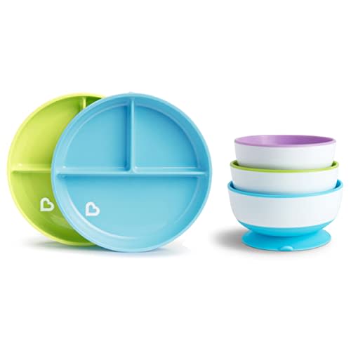 Munchkin Stay Put Bowls and Divided Plates for Baby and Toddler, 5 Pack, Blue/Green/Purple