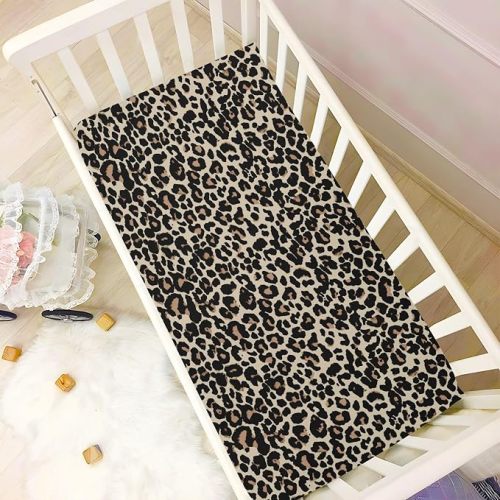 CaTaKu Baby Crib Sheets Brown Leopard Animal Print Mini Crib Sheets Fitted for Girls Boys,Neutral Soft Toddler Mattress Bed Sheets for Crib,28"x 52"