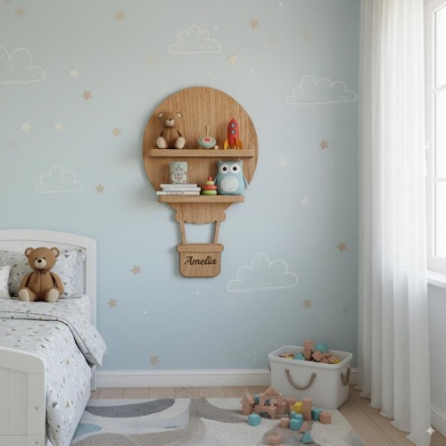 Hot air balloon decorative floating shelf with hooks, Whimsical wall decor for nursery, Eco-wood furniture with baby name, Newborn gift idea