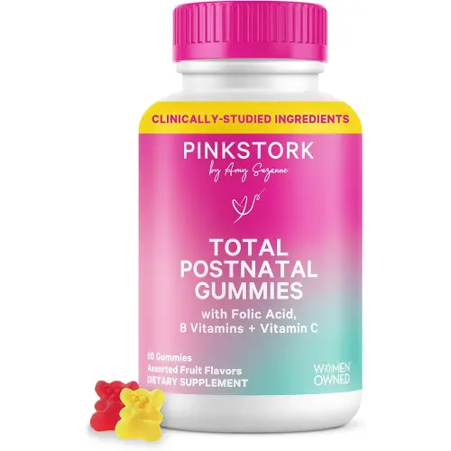 Pink Stork Total Postnatal Vitamin Gummies - Multivitamin for Postpartum Recovery and Lactation Support - Folic Acid, B6, & Vitamin C - Postpartum Essentials - 60 Gummy Vitamins
