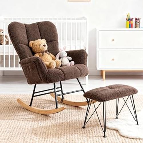 KEEZY Nursery Rocking Chair with Footrest,Teddy Upholstered Glider Rocker Rocking Accent Chair Padded Seat with High Backrest Armchair Comfy Side Chair for Living Room Bedroom (Teddy)