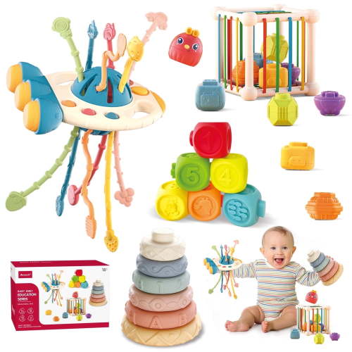 Montessori Toys for 1 Years Old, 4 in 1 Sensory Toys for Baby 6-12 Months, Stacking Building Blocks, Color Shape Bin, Silicone Pull String Activity Toys Set, Baby Toys Fine Motor Skills Toys Gift