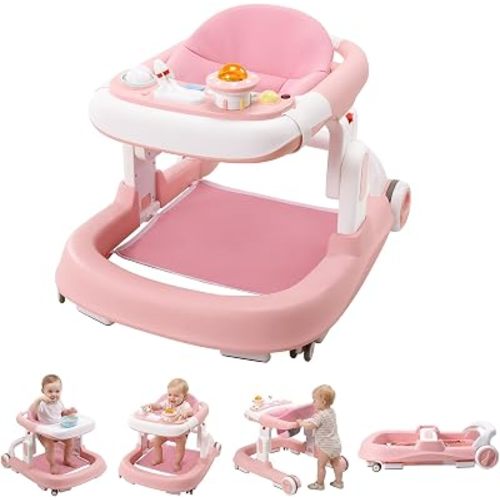 Baby Walker with Wheels, 5-in-1 Foldable Infant Toddler Walker for Boys Girls 6-18 Month,One-Step Fold Structure, 3 Adjustable Heights, Detachable Seat,Push Walker with Speed Control Wheels, Pink