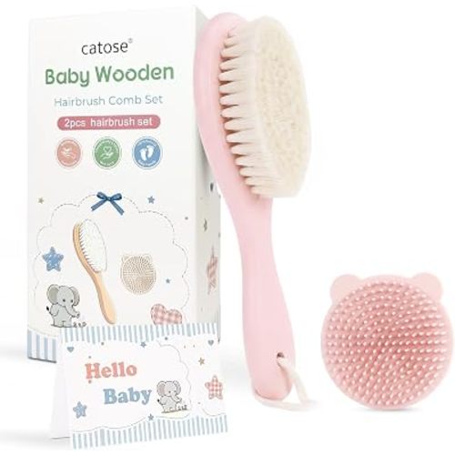 Baby Brush Comb Set, Goat Hair Bristles, Wooden Cradle Cap Brush,2PC