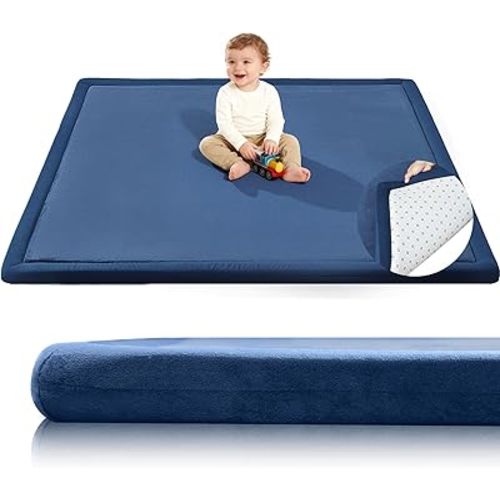 Baby Play Mat for Floor,1.3" Thick 50x50 Playpen Mat,Tummy Time Foam Mats,Plush Soft Padded Playmate for Babies 6-12 Months Crawling,Non-Slip Nursery Rug for Toddler Kids Playroom(Navy Blue)