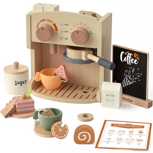 MILEFUN Wooden Coffee Play Set - 22PCS Pretend Play Coffee Maker Toy for Kids Age 3-8, Montessori Learning Toys with Realistic Espresso Machine & Accessories