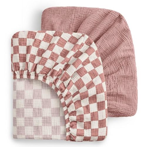 Blissful Diary Muslin Bassinet Sheets for Baby Girls Boys, Boho Soft Cotton Fitted for Oval Hourglass Rectangle Mattress, 2 Pack(Dusty Pink Checkboard & Dusty Pink)