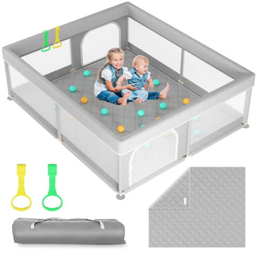 71"x59" Baby Play Yard with Mat, Sturdy Safety Playpen for Babies & Toddlers, Extra Large Baby Playpen with Breathable Mesh, Quick Setup, Grey