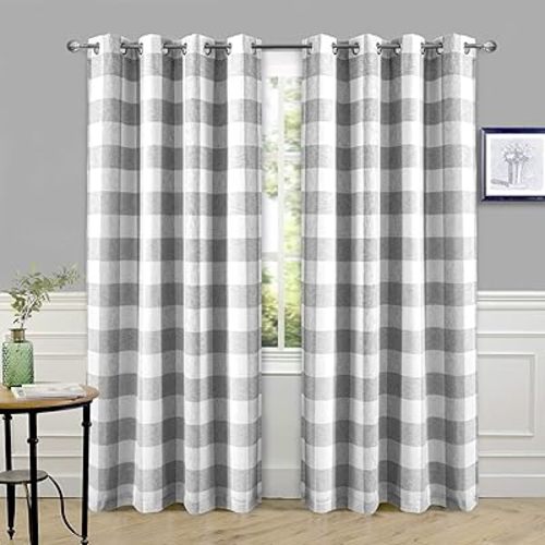 DriftAway Buffalo Plaid Blackout Curtains Linen Textured Farmhouse Double Layer Thermal Insulated Yarn Dyed Woven Checkered Gingham Grommet Drapes for Living Room 2 Panels Each 52W x 84L Gray