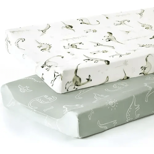 GRSSDER Stretch Ultra Soft Jersey Knit Changing Pad Cover Set 2 Pack, Change Table Pad Covers Fit 32"/34" x 16" Pads Safe and Snug, Pretty Pattern for Baby, Dinosaur World