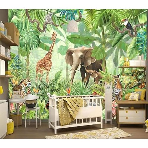 YIHWM-Peel and Stick Tropical Plants Animal Wallpaper Rainforest Jungle Botanical Leaves Boys Children's Nursery Bedroom Large Self-Adhesive wall mural-118 x85（69 Square Foot）