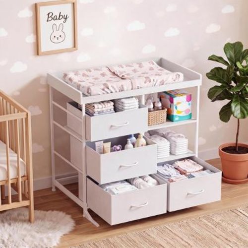 2 in 1 Baby Changing Table Dresser, Nursery Storage Cabinet in White or Pink with Drawers, Open Shelves and Anti Tip Hardware