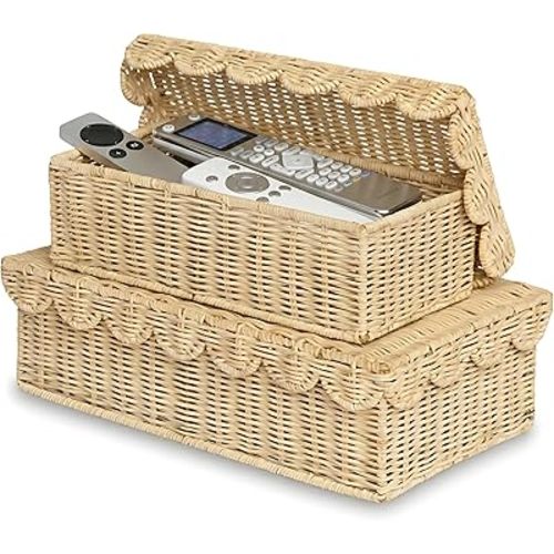 BEBE BASK Handwoven Stackable Decorative Storage Boxes with Lids, Set of 2 (14 × 8 × 4 in) – Scalloped Wicker Basket for Home Decor – Baby Keepsake Box & Memory Box for Keepsakes for Nursery