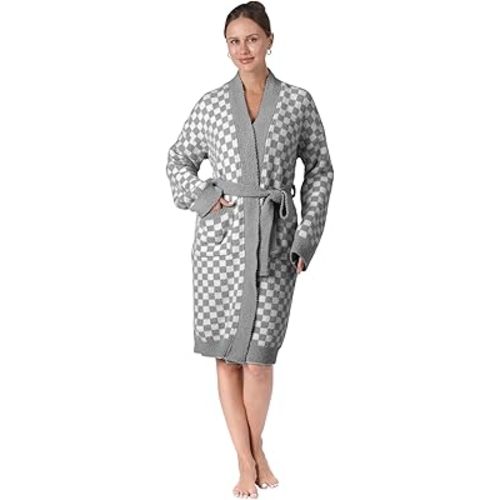 bearberry Checkerboard Robe Cozy Lightweight Soft Plush Robe Hoodless Sleepwear Nightgown with Pockets for Women