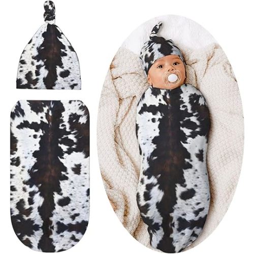 Cow Print Western Baby Stuff Newborn Baby Swaddle Blanket Wrap Blanket Soft Sleep Sacks with Beanie Hat Sets Gifts for Infant Boys Girls