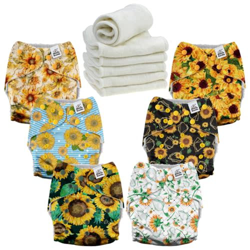 Mama Koala 6 Pack Reusable Cloth Diapers for Babies Girls Newborn, One-Size Adjustable Baby Diaper, Durable Stitching, Back Opening for Inserts, Breathable Awj Lining, Leak Prevention-Sunflowers