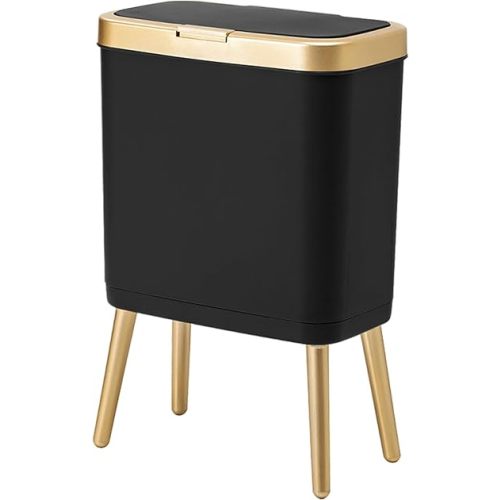 Procade Office Trash Can with Lid, Black Bathroom Trash Can with Gold Edge, Modern Narrow Garbage Can with Legs, Slim Plastic Trash Bin for Bedroom, Living Room,Kitchen,Toilet, 4 Gallon