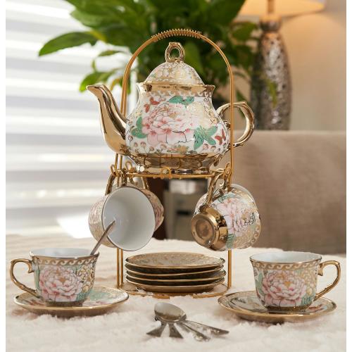 Multi Gold Tea Set 20 Piece Teapot 3 oz Cups Saucers Stainless Steel Spoons Rack