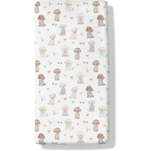 Cute Dogs Paws Bows Baby Boys Girls Crib Sheets Watercolor Puppy Flowers Toddler Bedding Bed Sheets Dog Pet Animal Lover Gift Fitted Crib Mattress Cover for Standard Crib Mattress 28x52 in
