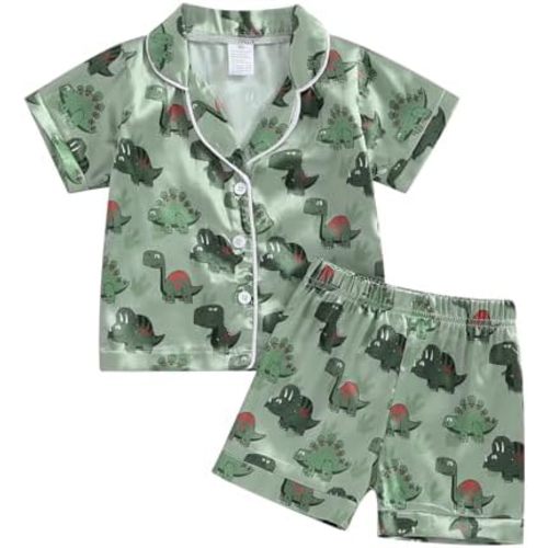 BULINGNA Kids Summer Satin Pajamas Sets Toddler Boys Dinosaur Pjs Short Sleeve Silk Nightwear Two Piece Sleepwear Loungewear