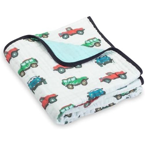 LollyBanks Baby Blanket, 100% Organic Cotton Breathable Muslin Quilt, Large 47 x 47 Inches 6 Layers Newborn Blanket for Boys, Soft and Lightweight Infant Quilt, Nursery Essentials (Vehicle Print)