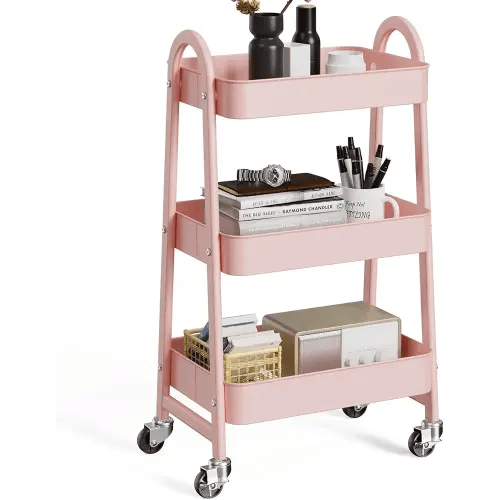 OLIXIS 3 Tier Utility Rolling Cart, Metal Mobile Storage Shelf with Lockable Caster Wheels, Organization for Livingroom, Bathroom & Narrow Places, Pink
