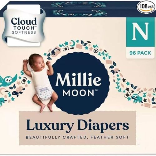 Millie Moon Luxury Diapers – Ultra Soft Cloud Touch Disposable Diapers with 12 Hour Absorbency & Wetness Indicator (N - 96ct)