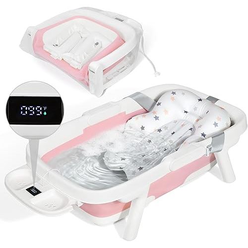 Orzbow Collapsible Baby Bathtub, Large Baby Bath Tub for Newborn with Soft Cushion & Thermometer, Travel Portable Baby Tubs for Infants to Toddler 0-36 Months, Pink
