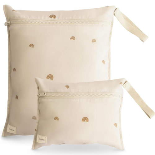 mushie Water Resistant Wet Bags | Large & Small Reusable Storage Bag for Baby Items and Travel | Zippered Pockets with Handle | Machine Washable, Set of 2 (Rainbows)