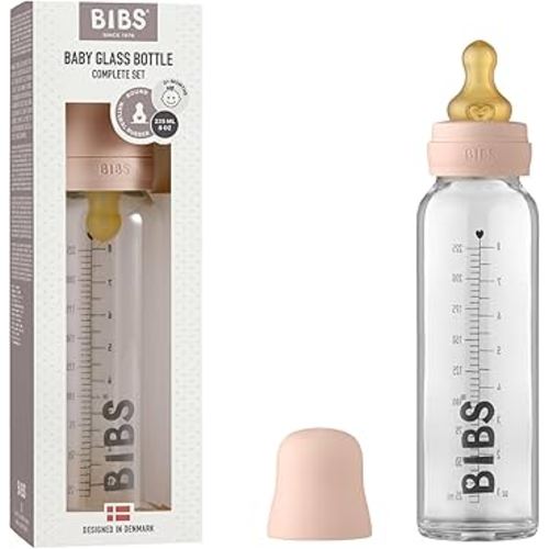 BIBS Baby Glass Bottle Complete Set 225 ml | BPA Free Natural Rubber | Made in Denmark | Blush
