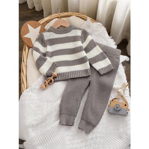 SHEIN Vintaside Kids Baby Boy Contrast Stripe Round Neck Long Sleeve Knit Casual Pullover Sweater Set Fall Winter Autumn And Winter Two Piece Suit Baby Boy Knitted Set Knit Two Piece Toddler Knit Baby Outfit Neutral Baby Clothes Unisex | SHEIN USA