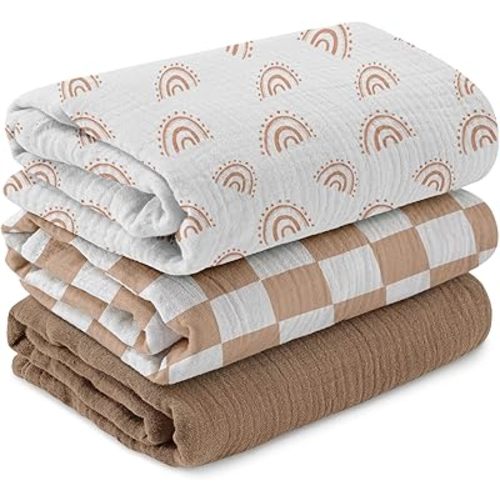Muslin Swaddle Blankets for Newborn, 3 Pack Breathable Soft Receiving Blanket, Large 38 x 40 inches Swaddle Wrap Burping Clothes Diapers, Essentials Infant Shower Items, Toddler Gift (Rainbow & Grid)
