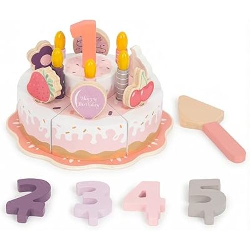Pretend Play Food for Toddlers 2-5,Wooden Birthday Fake Cake Toy