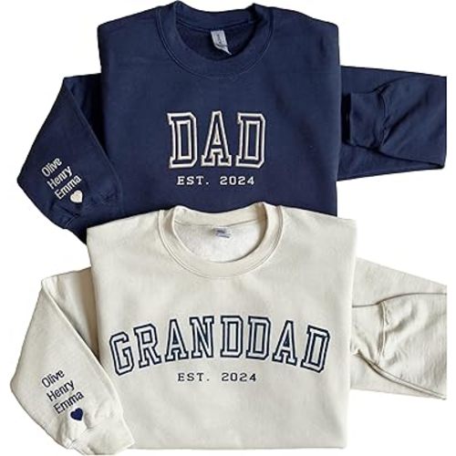 WEAR PHYSIQUE Custom Embroidered Dad Granddad Sweatshirt, Custom Grandpa Crewneck, First Father's Day Hoodie, Daddy EST Shirt, New Grandparent Dad Sweater Navy