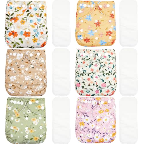 CoolaPeach 12 Set Reusable Adjustable Cloth Diapers for Newborn to 0-3 Years,One Size Washable Pocket Nappy Covers for Baby Girl and Boy,6 Pack Cloth Diapers+6pcs Microfiber Inserts (NCP05)