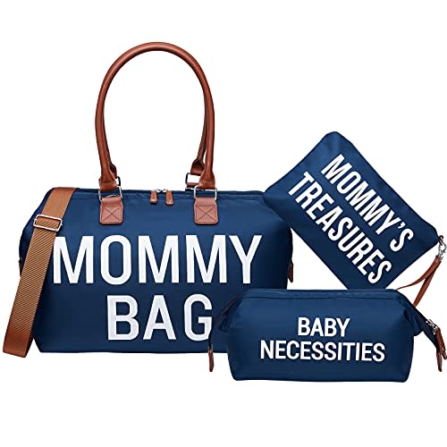 Diaper Bag Tote, Printe Mommy Bag for Hospital, Large Capacity Waterproof Baby Bag for Mom Travel, Hospital Bag for Labor and Delivery with Pouches and Straps, Navy