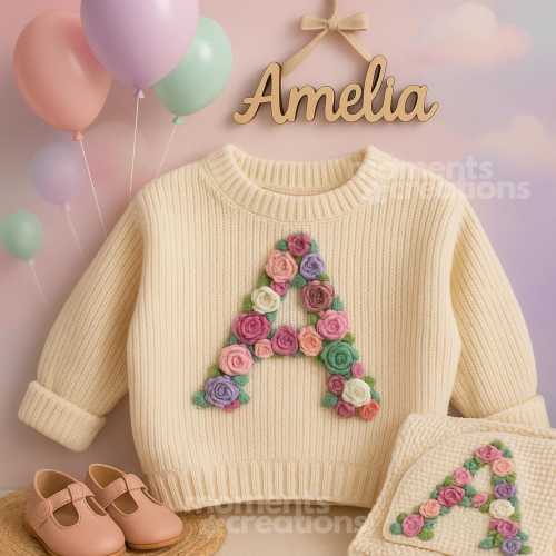 Hand Embroidered Floral Monogram Baby Sweater | Custom Keepsake