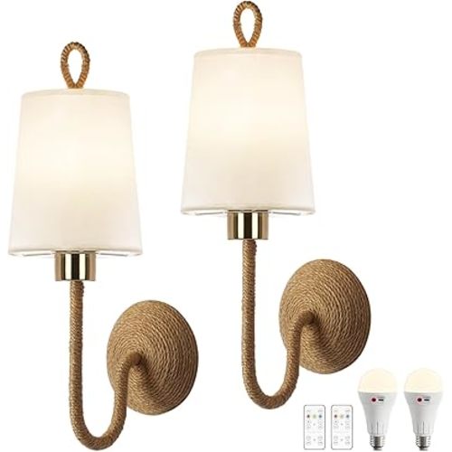 Set of 2 Boho Wall Sconce Lamps – Wireless Cordless LED Wall Lights with Remote, Rechargeable 5000mAh Battery Operated Rattan Gold Light Fixtures for Bedroom, Living Room, Bathroom, or Bedside