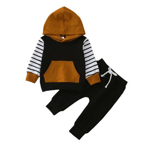 CAIXIA Babytoddler Boys' 2-Piece,Toddler Boys Winter Long Sleeve Striped Prints Hooded Tops Pants 2PCS Outfits Clothes Set,Black,0-6 Months