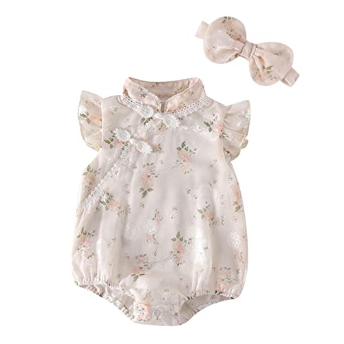 Newborn Babys Girls Embroidered Cheongsam Romper Infant Toddler Short Sleeve Bodysuit with Headband Outfits Set