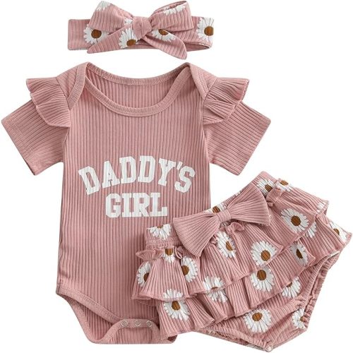 Daddys Girl Newborn Outfits Ruffle Ribbed Romper Top Floral Shorts Set Baby infant Father's Day Summer Outfit