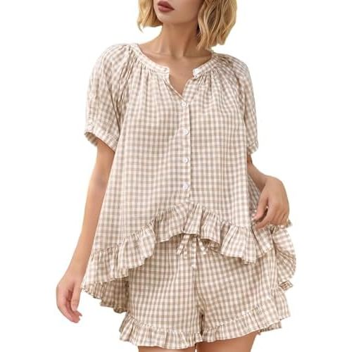 Yimoon Womens Gingham Pajamas Set Plaid Cotton Pj Set Puff Sleeve Ruffle Babydoll Shirt Shorts Summer 2 Piece Outfits