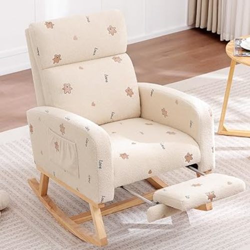 Rocking Chair Nursery, Nursing Rocking Chairs with Foot Rest for Mom Nursery, Teddy Glider Rocker Chair with Footrest and High Backrest for Living Room, Bedroom, Beige Bear Printed