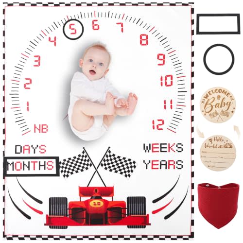 Racing Car Baby Monthly Milestone Blanket for Boys Flannel Blanket | Newborn Infant Swaddle Baby Growth Blanket Photography Background with Wooden Signs,Frames,Bib