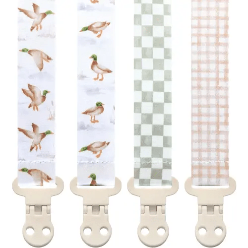 Stadela Baby Pacifier Clip Holder - Boy and Girl Unisex 4 Pack Gift Set – Neutral Checker Gingham Plaid Ducks Mallards Beige Brown and Green