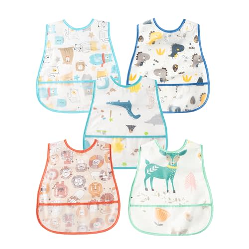 R HORSE 5Pcs Baby Bibs Set Toddler Bibs with Crumb Catcher Pocket & Snap Button Waterproof Baby Feeding Bibs for 6-24 Months