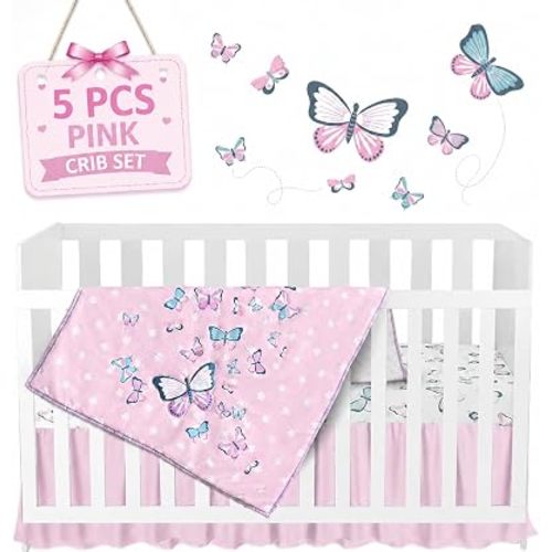 Butterfly Baby Crib Bedding Set Girl 28"x52", 8" Deep Pocket - 5 pcs Baby Bedding Set with Blanket, 2 Crib Sets for Girls Cotton Fitted Sheets, Skirt, and Butterfly Wall Sticker - White & Pink